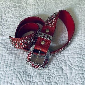 Kippys Women's Red Leather Rhinestone Studded Silver Buckle Belt